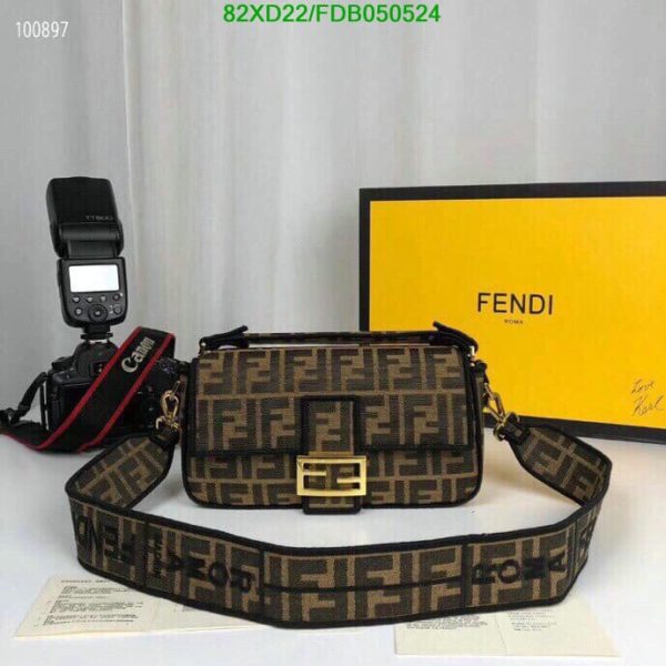 Fendi AAA+ Replica FF Logo Mini Baguette Brown Fabric Bag FDB0505245728