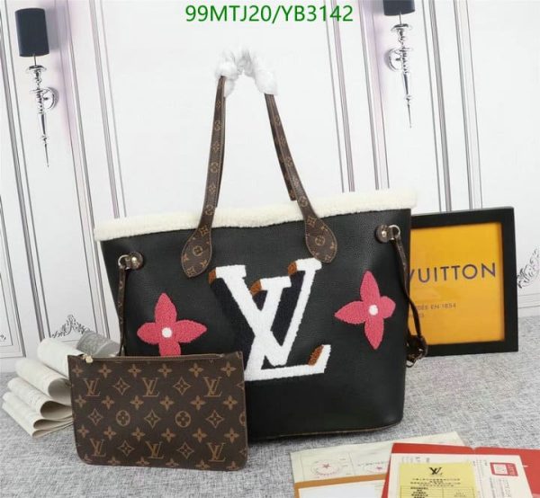 Louis Vuitton AAA+ Replica Black Multicolor Calfskin Shearling Teddy Neverfull MM YB31427539075