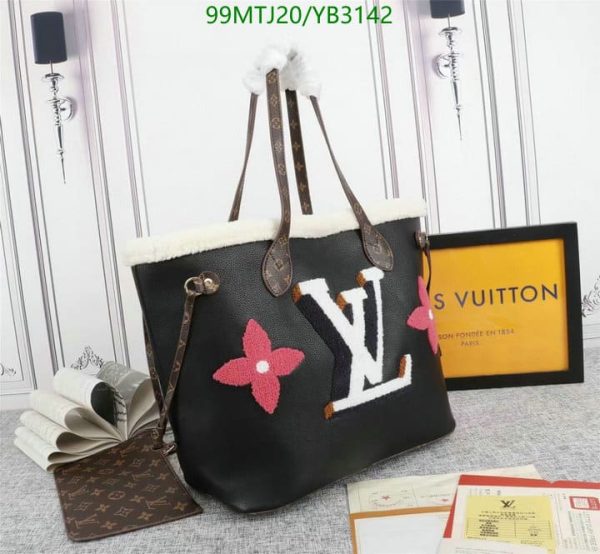 Louis Vuitton AAA+ Replica Black Multicolor Calfskin Shearling Teddy Neverfull MM YB31427539075