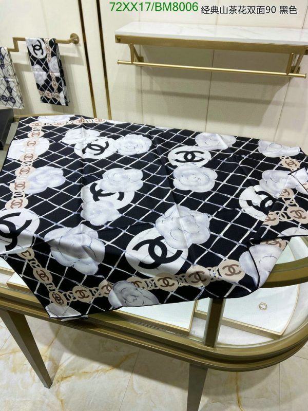 Chanel Replica Silk CC Logo White Black Camellia Square Scarf