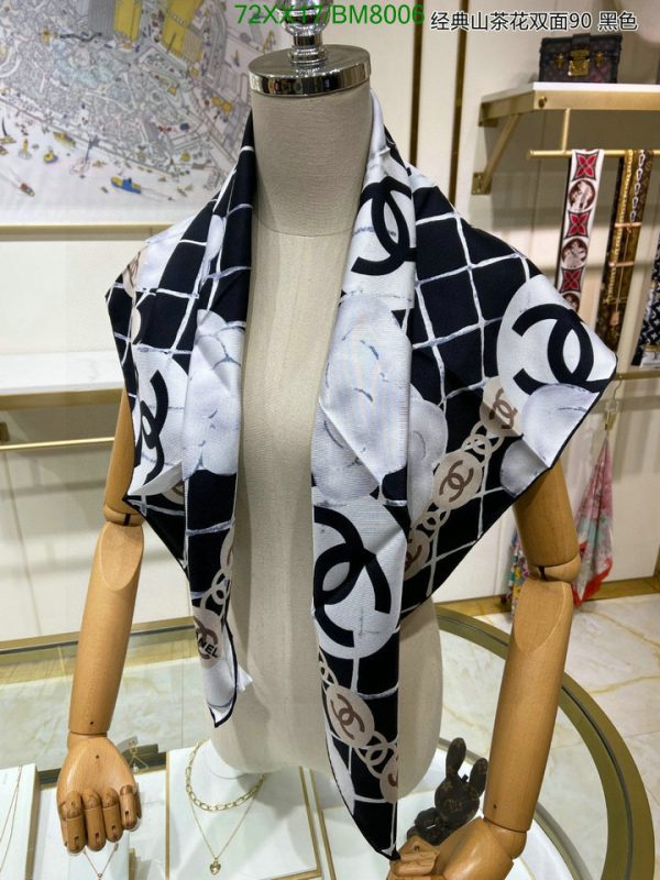 Chanel Replica Silk CC Logo White Black Camellia Square Scarf