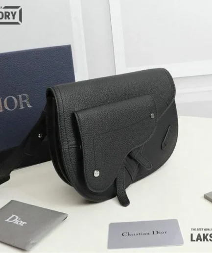 Dior 1:1 Mirror Replica Grained Calfskin Black Saddle Messenger Christian Dior Replica Saddles