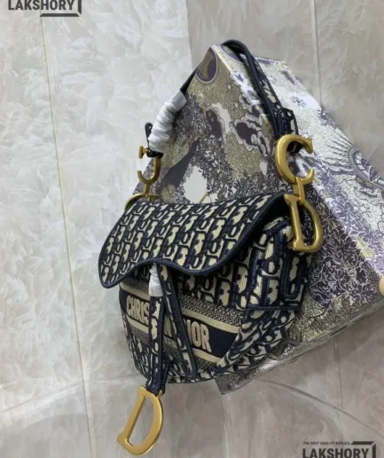 Dior 1:1 Mirror Embroidery Canvas Blue Saddle 25.5CM/10IN Christian Dior Replica Saddles
