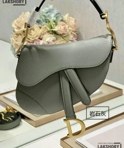 Dior 1:1 Mirror Replica Grained with Strap Grey Saddle with Strap Christian Dior Replica Saddles