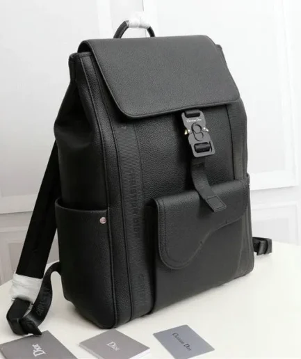 Dior 1:1 Mirror Replica Grained Black Saddle Backpack Christian Dior Replica Backpacks