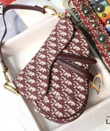 Dior 1:1 Mirror Replica Oblique Canvas Burgundy Saddle 25.5CM/10IN Christian Dior Replica Saddles
