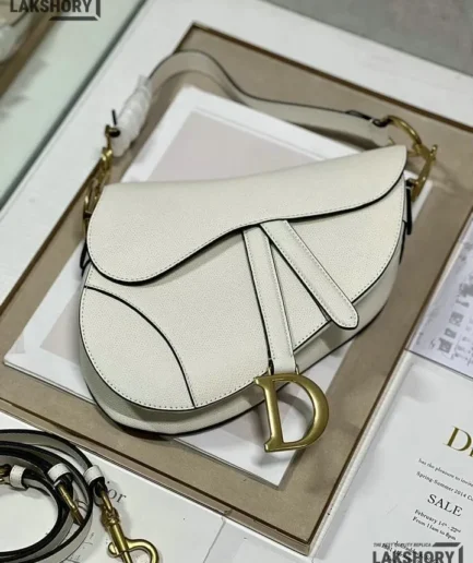 Dior 1:1 Mirror Replica Grained Calfskin White Saddle Bag Christian Dior Replica Saddles