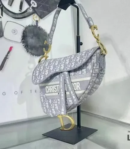 Dior 1:1 Mirror Replica Gray Embroidered Canvas Saddle 25CM/9.5IN Christian Dior Replica Saddles