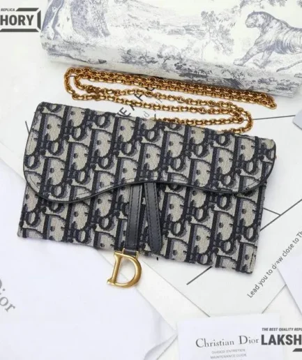 Dior 1:1 Mirror Replica Navy Saddle Chain Long Wallet 19CM/7.5IN Christian Dior Replica Saddles