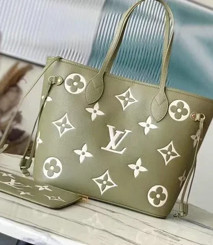 Louis Vuitton 1:1 Mirror Replica Monogram Empreinte Neverfull Khaki/Cream Louis Vuitton Replica Neverfull
