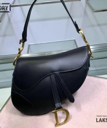 Dior 1:1 Mirror Replica Medium Saddle Black Golden 25.5CM/10IN Christian Dior Replica Saddles