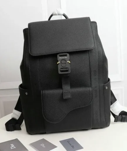 Dior 1:1 Mirror Replica Grained Black Saddle Backpack Christian Dior Replica Backpacks