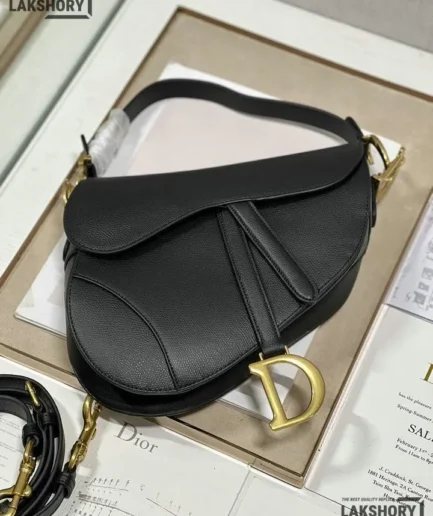 Dior 1:1 Mirror Replica Black Grained Calfskin Saddle With Strap Christian Dior Replica Saddles