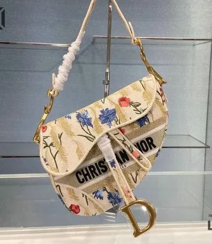 Dior 1:1 Mirror Replica Hibiscus Embroidered Canvas Saddle 25.5CM/10IN Christian Dior Replica Saddles