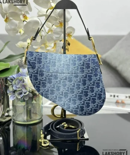 Dior 1:1 Mirror Replica Blue Denim Saddle Bag With Strap 25.5CM/10IN Christian Dior Replica Saddles