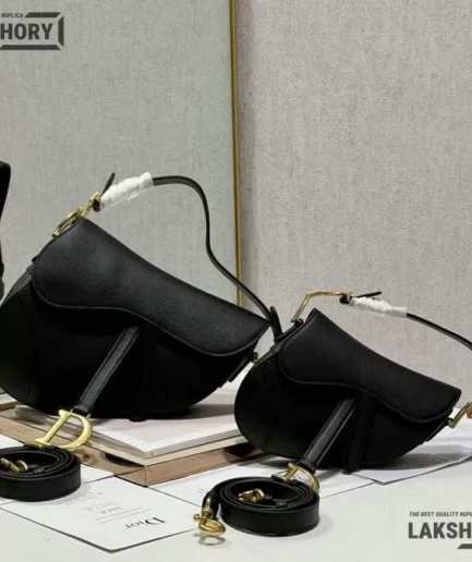 Dior 1:1 Mirror Replica Black Grained Calfskin Saddle With Strap Christian Dior Replica Saddles