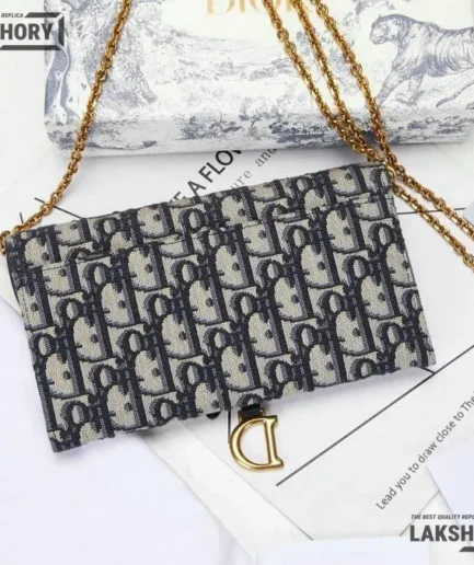 Dior 1:1 Mirror Replica Navy Saddle Chain Long Wallet 19CM/7.5IN Christian Dior Replica Saddles