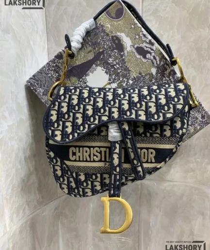 Dior 1:1 Mirror Embroidery Canvas Blue Saddle 25.5CM/10IN Christian Dior Replica Saddles