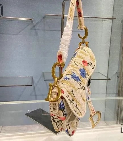 Dior 1:1 Mirror Replica Hibiscus Embroidered Canvas Saddle 25.5CM/10IN Christian Dior Replica Saddles