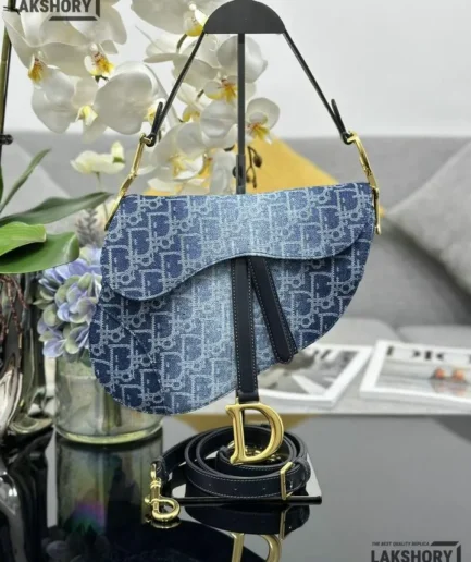 Dior 1:1 Mirror Replica Blue Denim Saddle Bag With Strap 25.5CM/10IN Christian Dior Replica Saddles