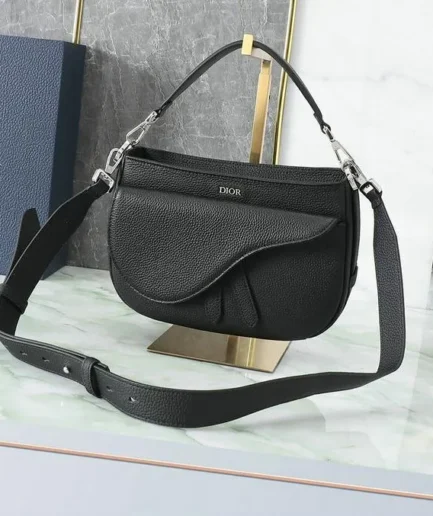 Dior 1:1 Mirror Replica Grained Black Soft Saddle Bag 24CM/9.4IN Christian Dior Replica Saddles
