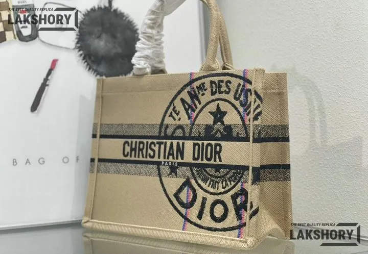 Dior 1:1 Mirror Replica Jute Embroidered Medium Book Tote Black Beige Christian Dior Replica Book Totes Dior 1:1 Mirror Replica Jute Embroidered Medium Book Tote Black Beige Christian Dior Replica Book Totes