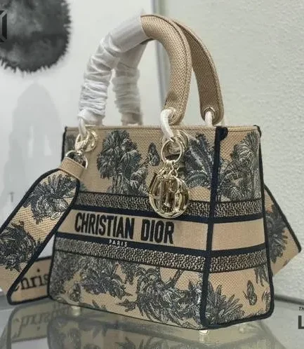 Dior 1:1 Mirror Replica Dioriviera Lady D-Lite Beige Toile de Jouy Palms 24CM/9.4IN Christian Dior Replica Lady
