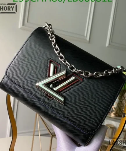 Louis Vuitton 1:1 Mirror Replica Epi Twist Shoulder Bag MM Black Orange 18CM/7.1IN Louis Vuitton Replica Twist