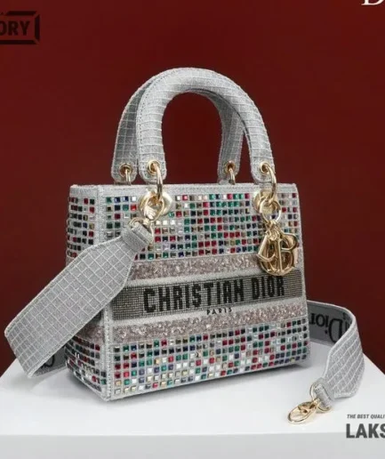 Dior 1:1 Mirror Replica Metallic Embellished  Embroidery Lady Dior 24CM/9.4IN Christian Dior Replica Lady