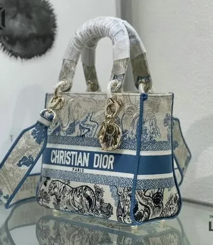 Dior 1:1 Mirror Replica Toile De Jouy Lady D-Lite Blue & Black 24CM/9.4IN Christian Dior Replica Lady