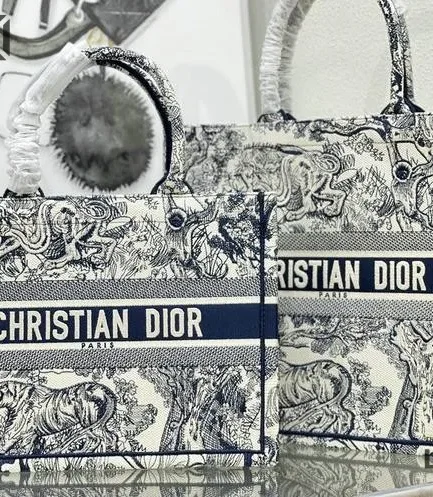 Dior 1:1 Mirror Replica Ecru & Blue Book Tote Toile de Jouy Embroidery Christian Dior Replica Book Totes
