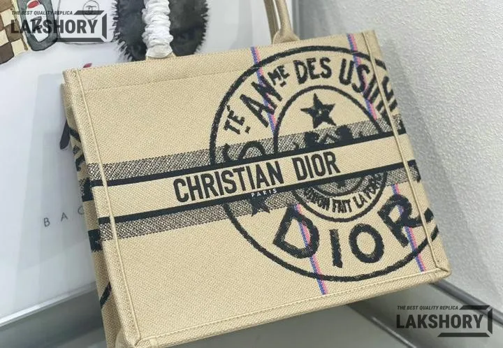 Dior 1:1 Mirror Replica Jute Embroidered Medium Book Tote Black Beige Christian Dior Replica Book Totes Dior 1:1 Mirror Replica Jute Embroidered Medium Book Tote Black Beige Christian Dior Replica Book Totes