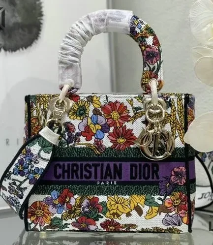 Dior 1:1 Mirror Replica Floral Embroidered Medium Lady D-Lite 24CM/9.4IN Christian Dior Replica Lady