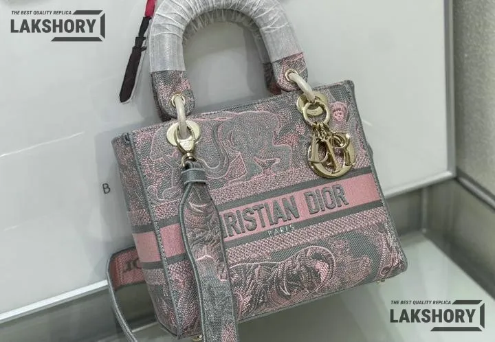 Dior 1:1 Mirror Replica Toile De Jouy Rivera Lady D-Lite Gray Pink 24CM/9.4IN Christian Dior Replica Lady Dior 1:1 Mirror Replica Toile De Jouy Rivera Lady D-Lite Gray Pink 24CM/9.4IN Christian Dior Replica Lady