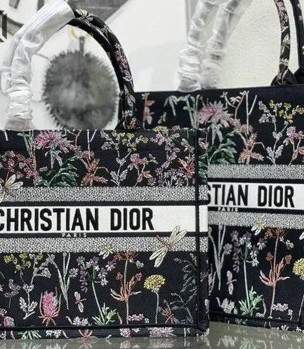 Dior 1:1 Mirror Replica Canvas Herbarium Book Tote Black Multicolor Christian Dior Replica Book Totes
