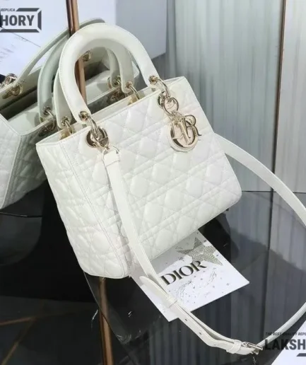 Dior 1:1 Mirror Replica Medium Lambskin White Lady Dior 24CM/9.4IN Christian Dior Replica Lady