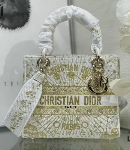 Dior 1:1 Mirror Replica Lady D-Lite Zodiac Embroidered White/Gold 24CM/9.4IN Christian Dior Replica Lady