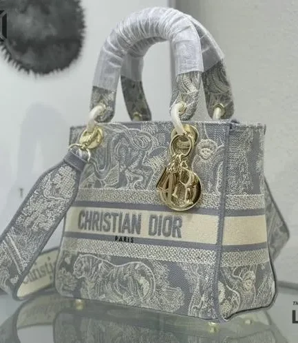 Dior 1:1 Mirror Replica Toile De Jouy Reverse Lady D-Lite Gray 24CM/9.4IN Christian Dior Replica Lady