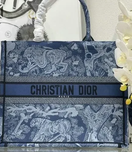 Dior 1:1 Mirror Replica Denim Blue Book Tote Toile de Jouy Embroidery Christian Dior Replica Book Totes