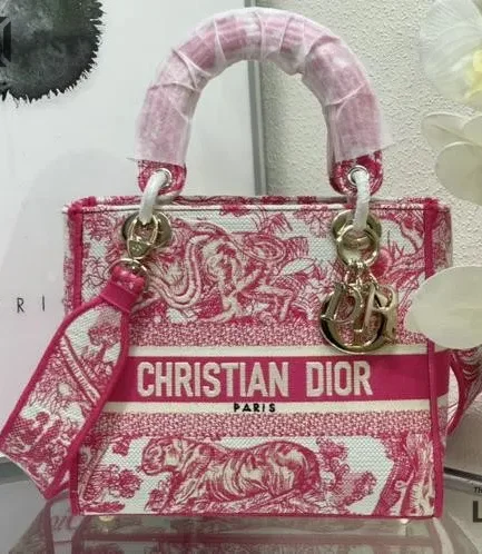 Dior 1:1 Mirror Replica Lady D-Lite Toile De Jouy Reverse Red 24CM/9.4IN Christian Dior Replica Lady