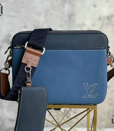 Louis Vuitton 1:1 Mirror Replica Taurillon Trio Messenger Denim Blue 25CM/9.8IN Louis Vuitton Replica Pochette Accessories