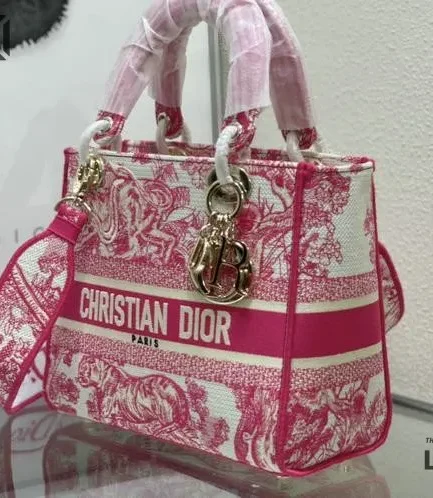 Dior 1:1 Mirror Replica Lady D-Lite Toile De Jouy Reverse Red 24CM/9.4IN Christian Dior Replica Lady