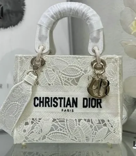Dior 1:1 Mirror Replica Lace Medium Lady D-Lite White 24CM/9.4IN Christian Dior Replica Lady