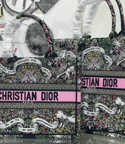 Dior 1:1 Mirror Replica Black Multicolor Around the World Motif Book Tote Christian Dior Replica Book Totes