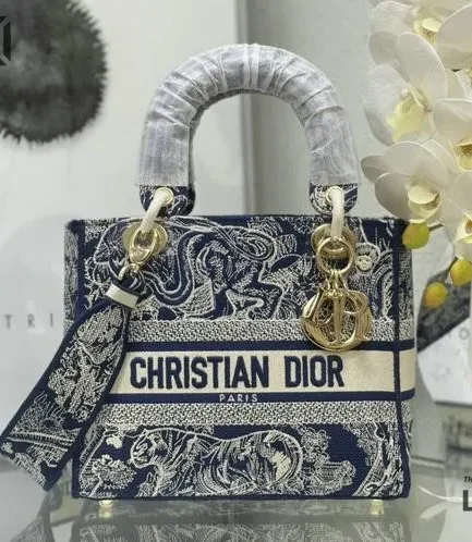 Dior 1:1 Mirror Replica Lady D-Lite Blue Toile de Jouy Reverse 24CM/9.4IN Christian Dior Replica Lady