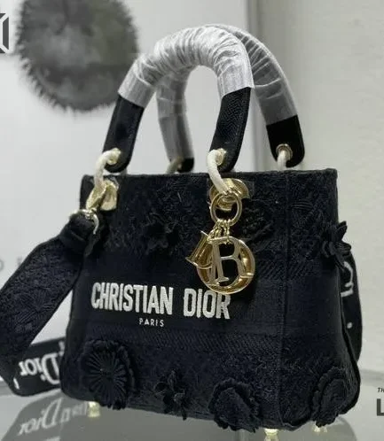 Dior 1:1 Mirror Replica Black D-Lace Embroidery Lady D-Lite 24CM/9.4IN Christian Dior Replica Lady