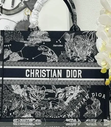 Dior 1:1 Mirror Replica Zodiac Toile De Jouy Book Tote Black Embroidered Christian Dior Replica Book Totes