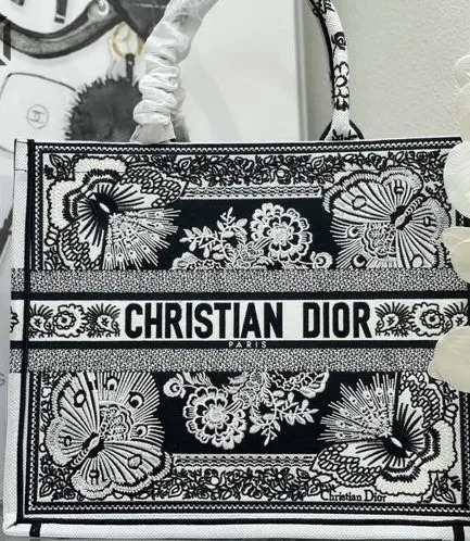 Dior 1:1 Mirror Replica Butterfly Bandana Embroidered Book Tote Black/White Christian Dior Replica Book Totes