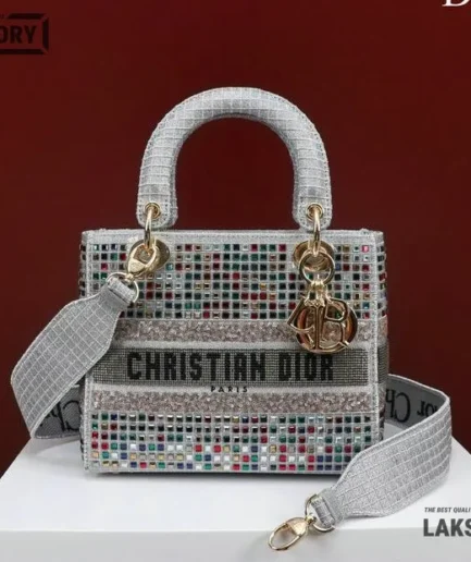 Dior 1:1 Mirror Replica Metallic Embellished  Embroidery Lady Dior 24CM/9.4IN Christian Dior Replica Lady