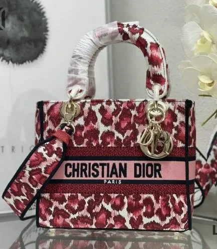 Dior 1:1 Mirror Replica Pink Mizza Leopard Lady D-Lite Canvas 24CM/9.4IN Christian Dior Replica Lady